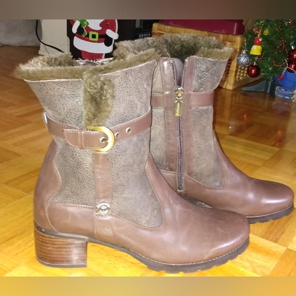 Blondie Mid Calf Womens Brown Leather Boots with real sheep Fur Lining - Picture 5 of 8